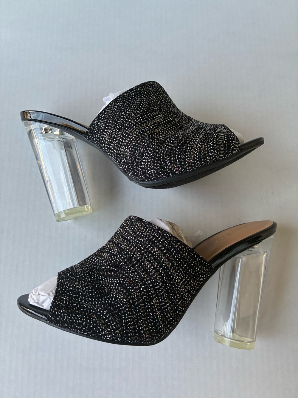 Black Sparkle Open-Toe Mule with Clear Block Heel